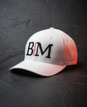 White BM fitted hat - dark studio