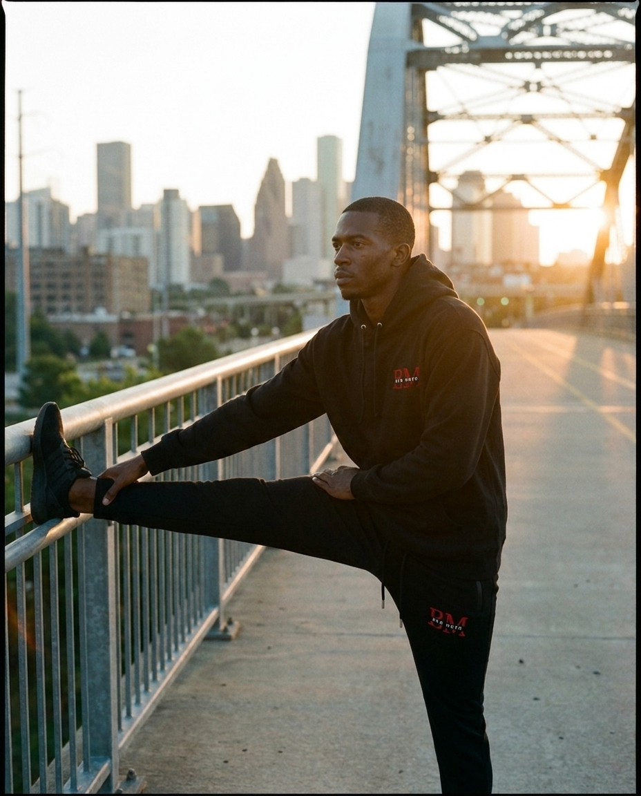 BM joggers and hoodie on city bridge