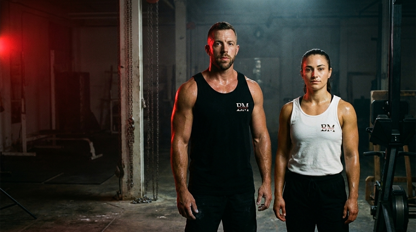 Two athletes in BM tanks, dark gym, red light