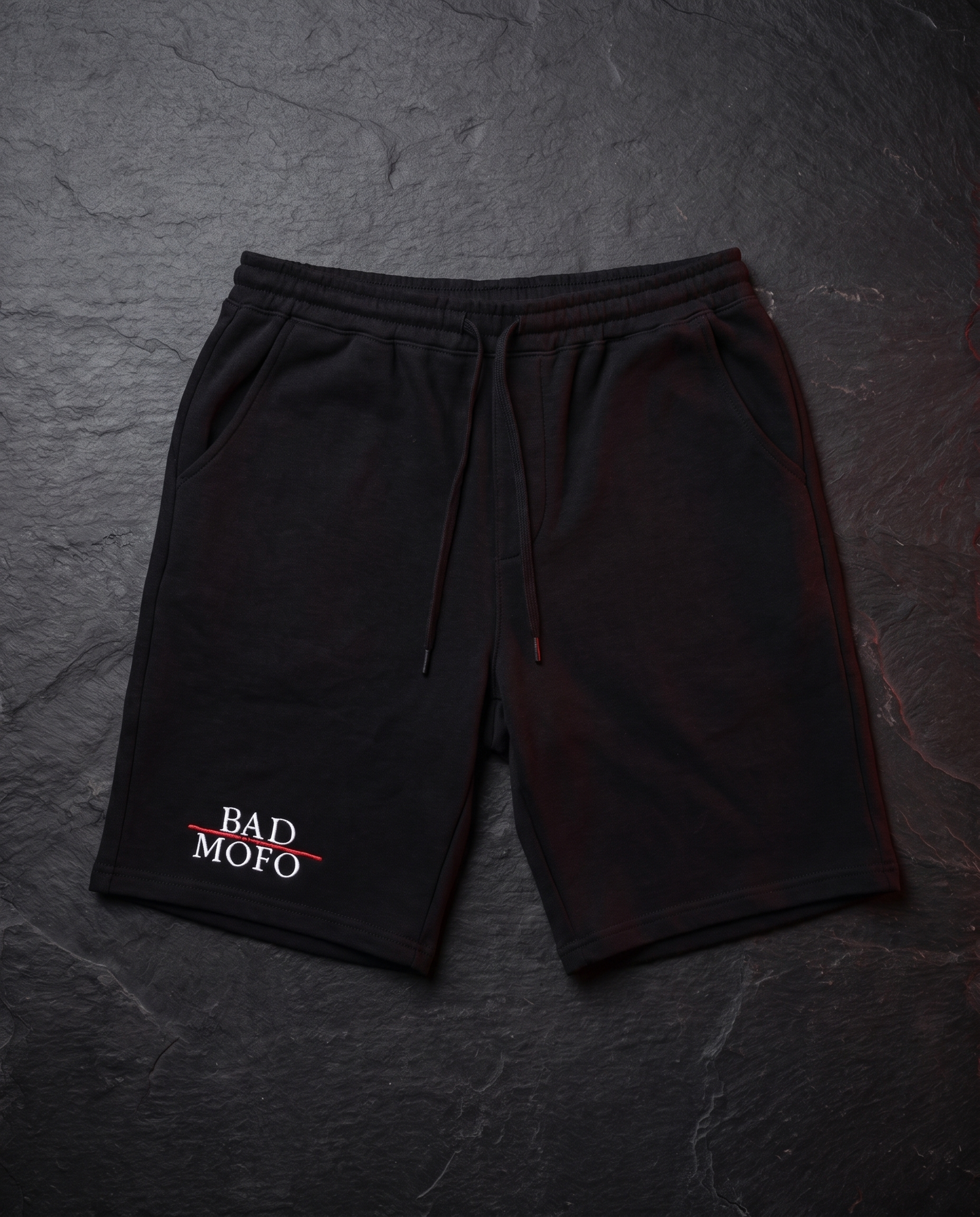 Bad MoFo shorts on dark slate