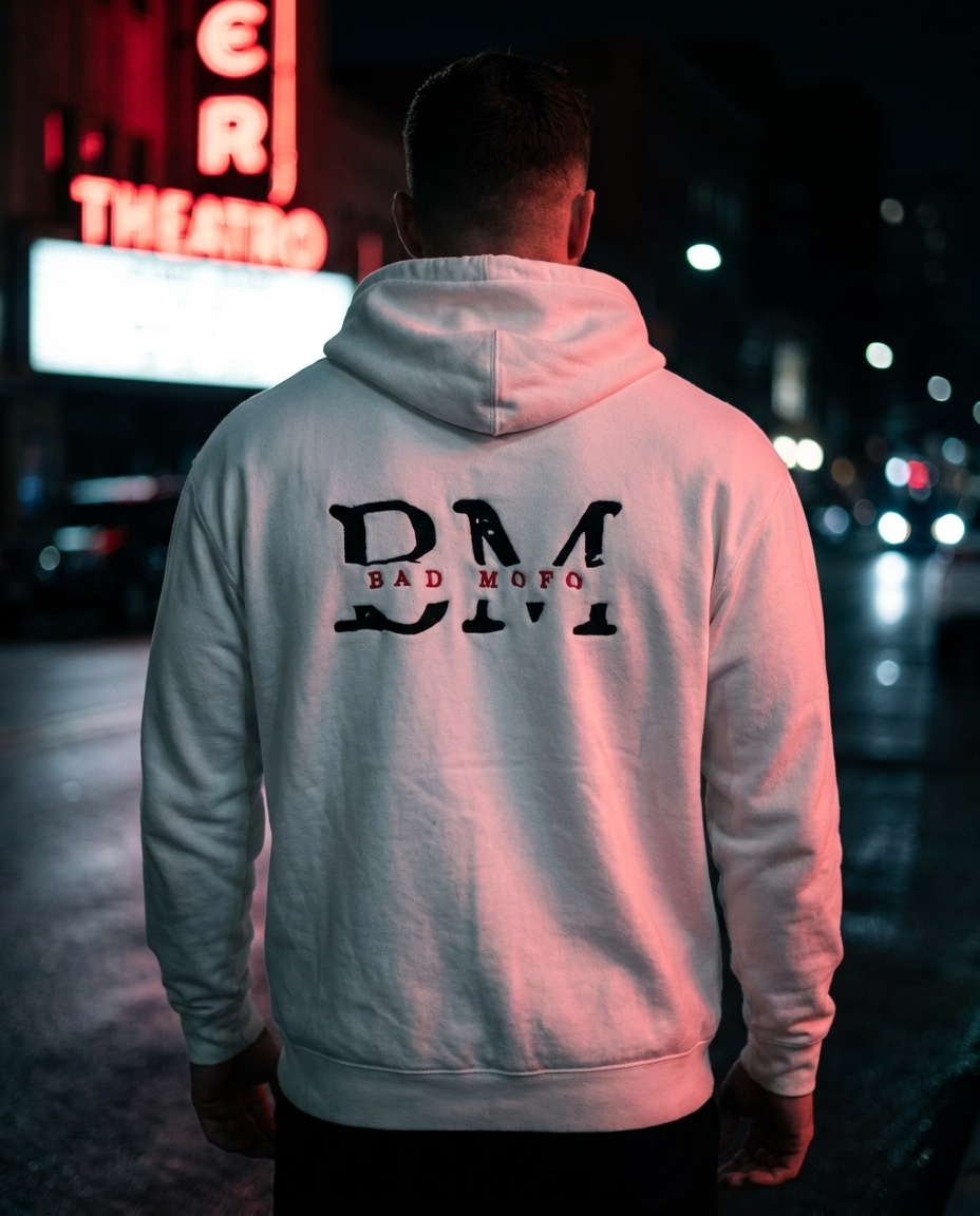 White hoodie with big BM back logo, night street