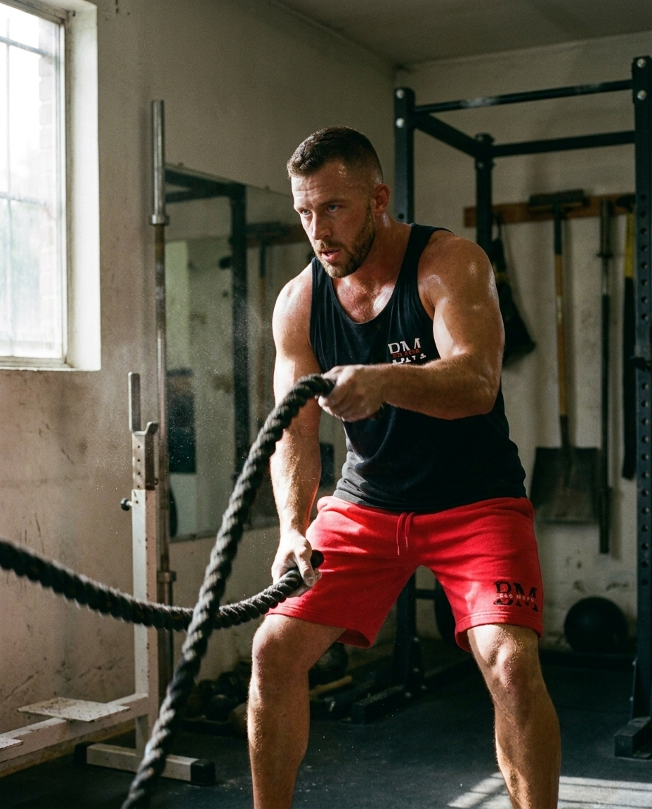Red BM sweat shorts front