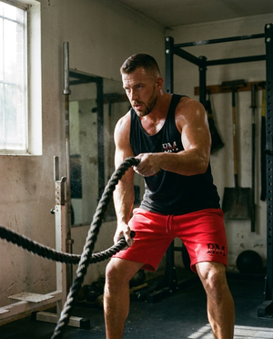 Red shorts battle ropes lifestyle