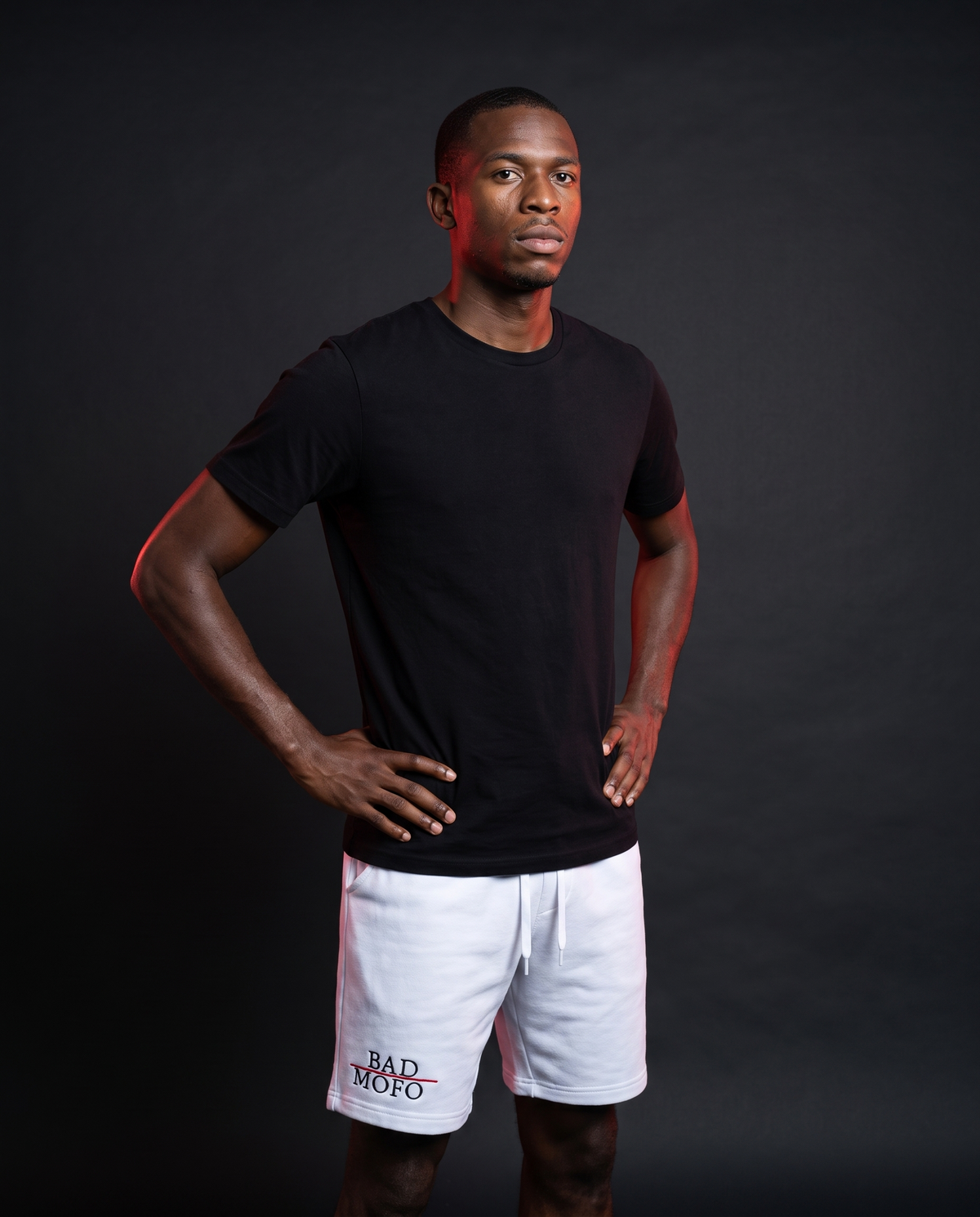 White Bad Mofo shorts on model - studio