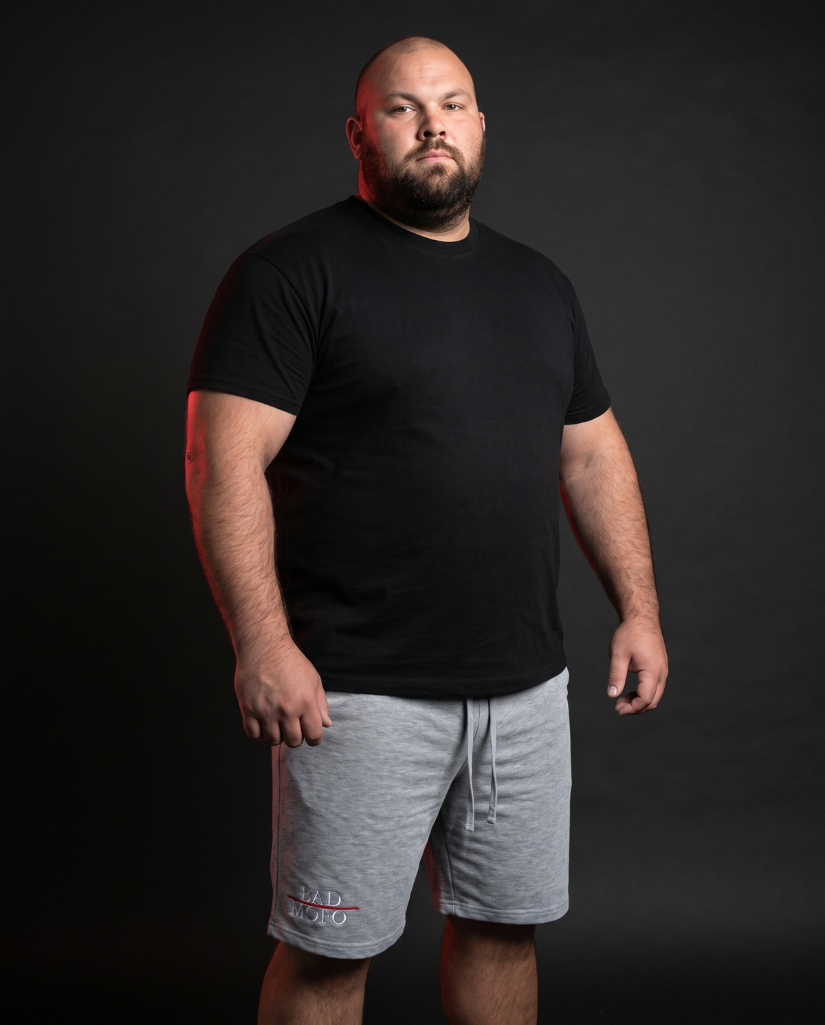 Grey Bad Mofo shorts on model - studio