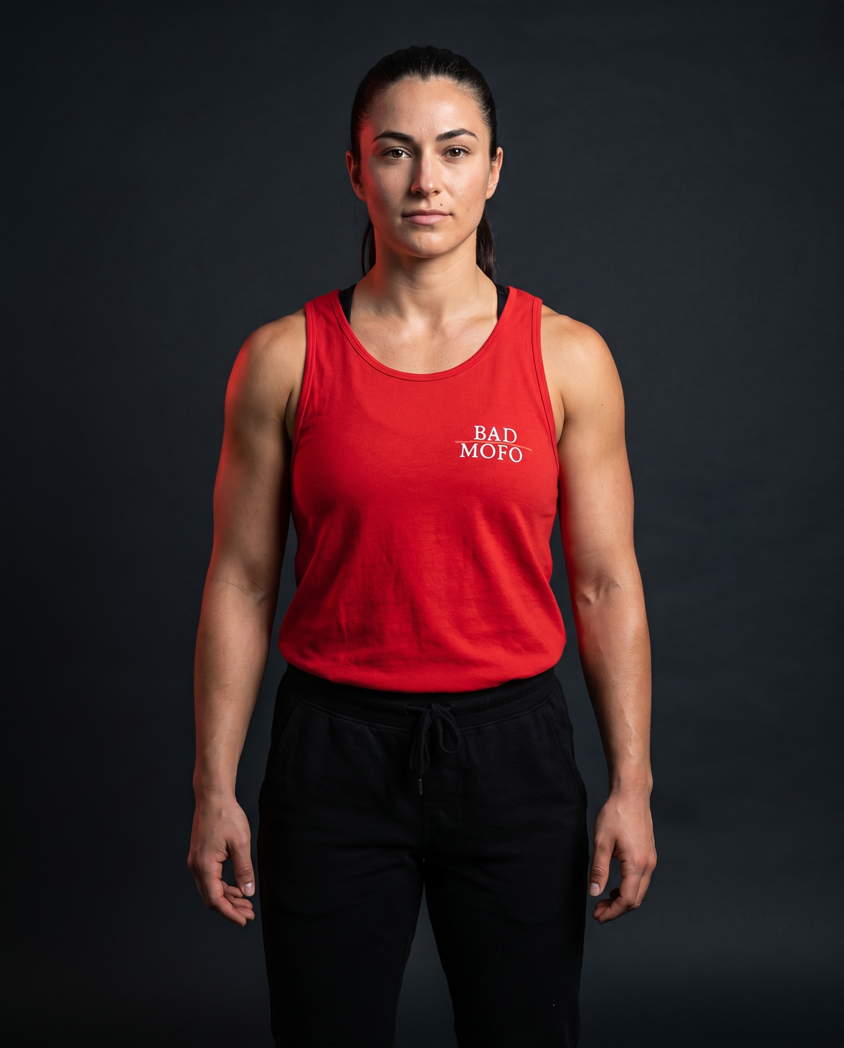 Red Bad Mofo tank on model - studio