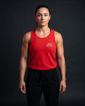 Red Bad Mofo tank on model - studio