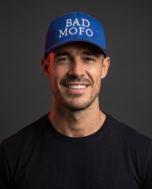 Blue Bad MoFo FlexFit cap on model - studio
