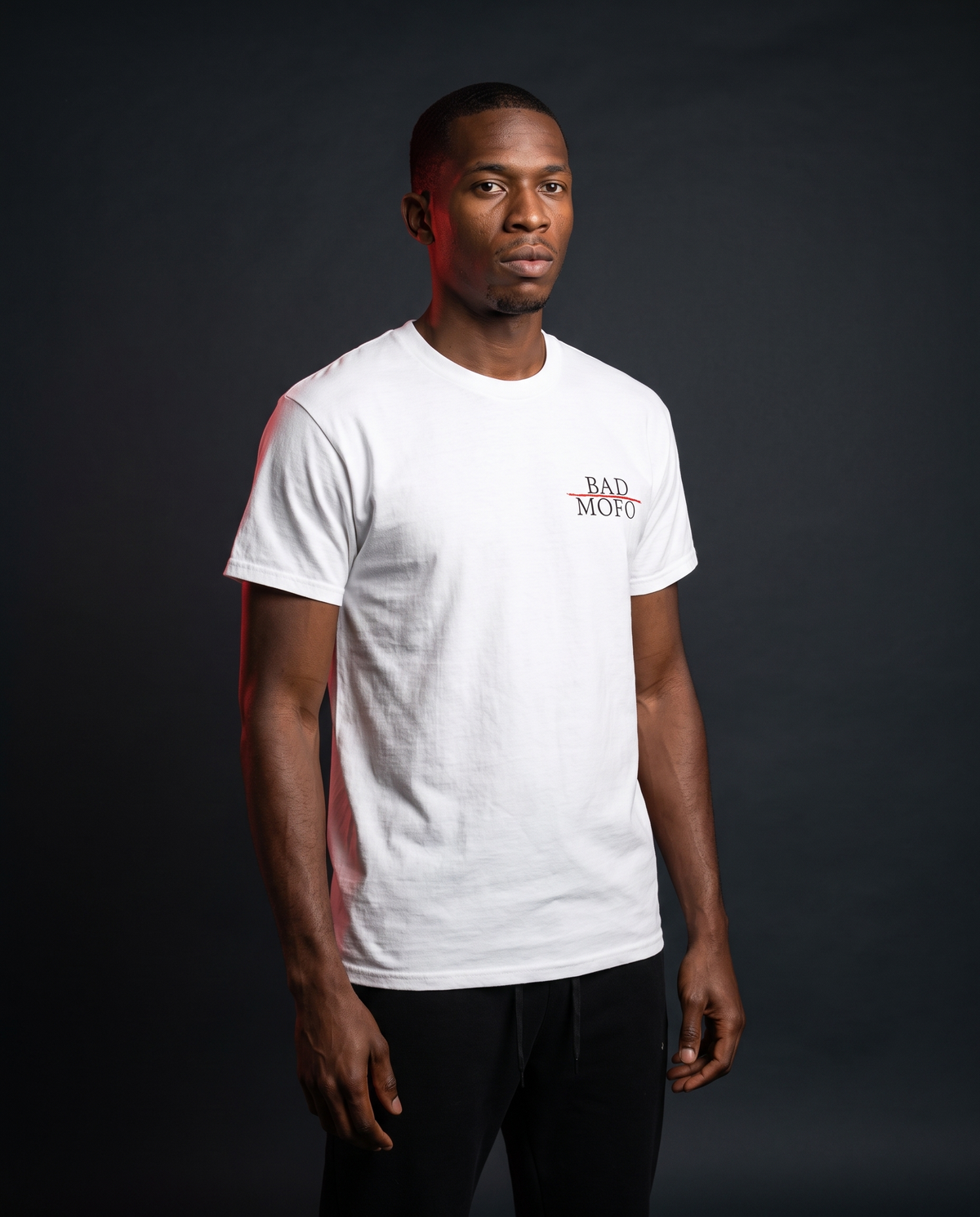 White Bad MoFo t-shirt on model - studio