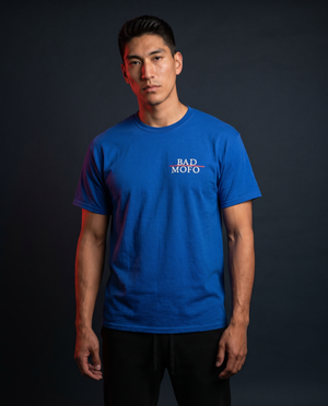 Blue Bad MoFo t-shirt on model - studio