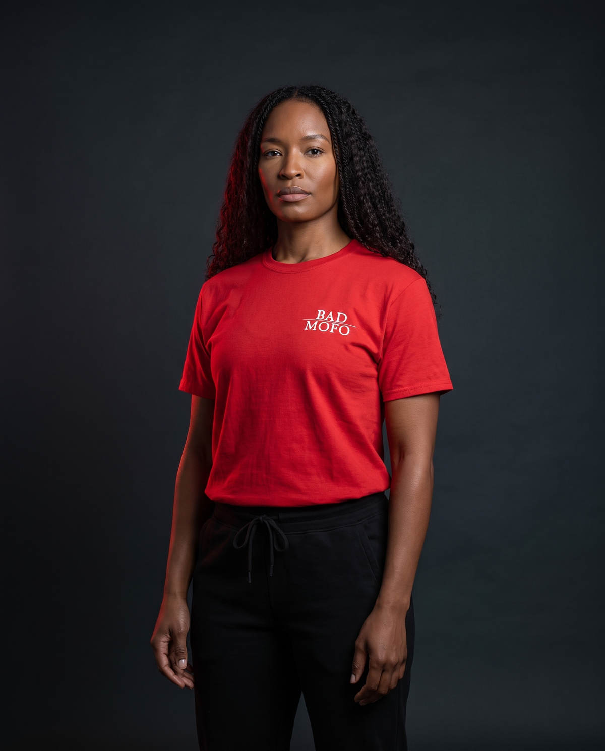 Red Bad MoFo t-shirt on model - studio