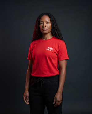 Red Bad MoFo t-shirt on model - studio