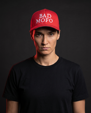 Red Bad MoFo FlexFit cap on model - studio