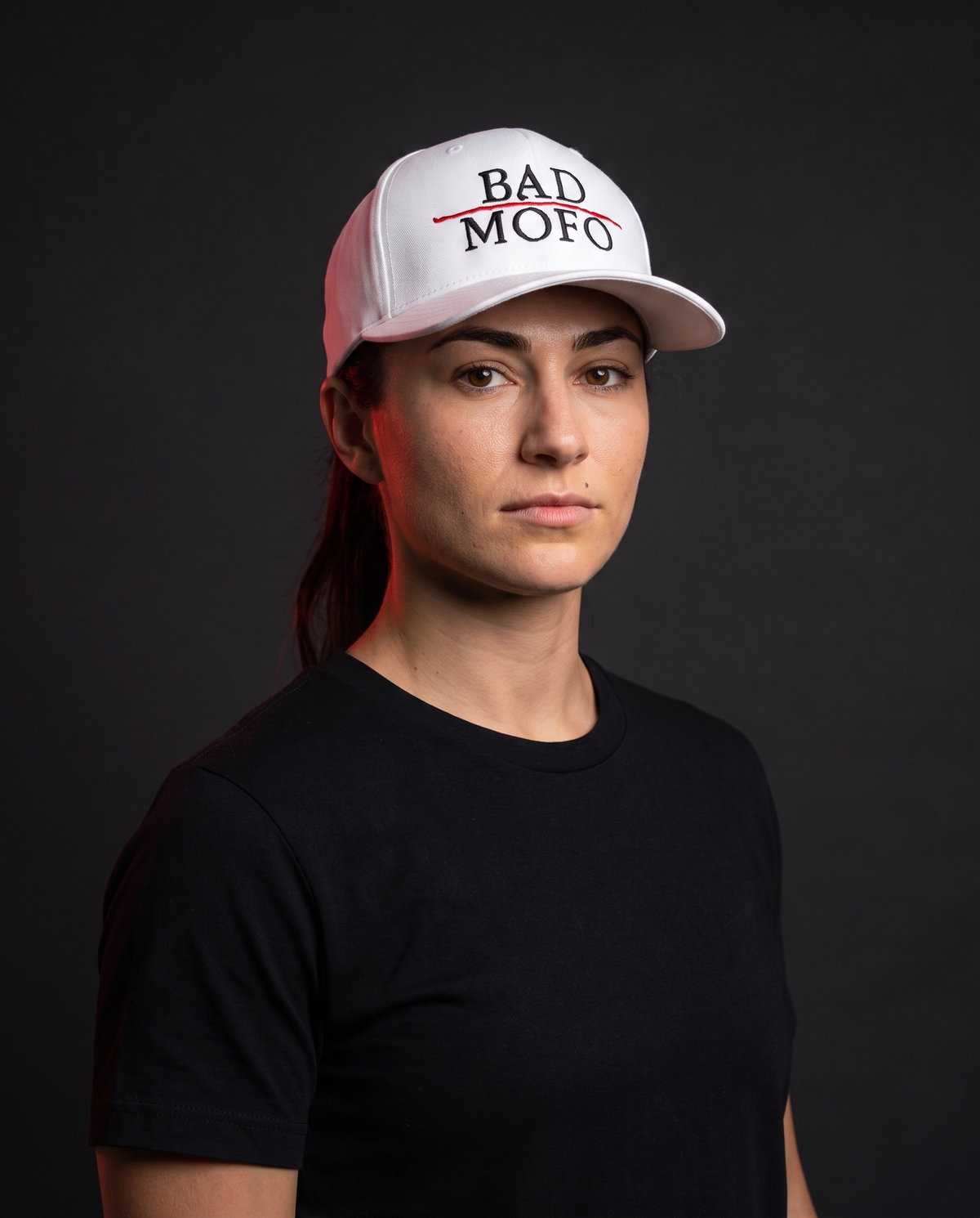 White Bad MoFo FlexFit cap on model - studio