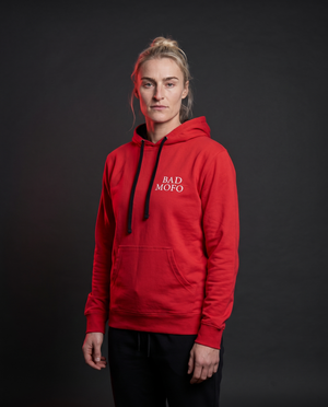 Red lightweight sweatshirt on model