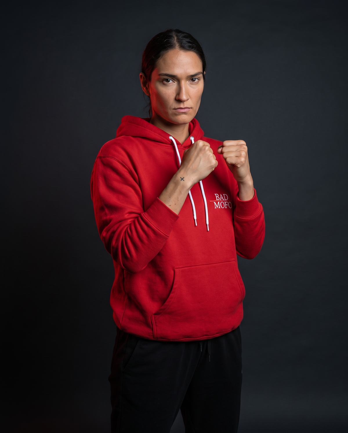 Red sweatshirt on model