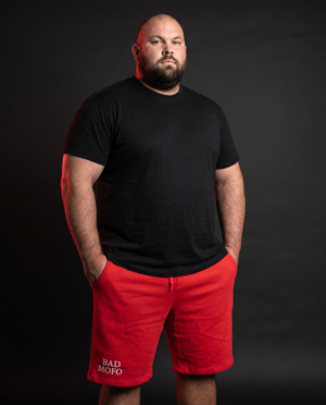 Red shorts on model