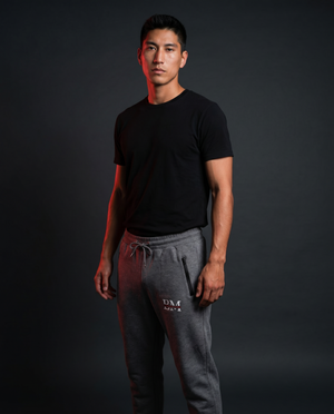 Charcoal gray joggers on model